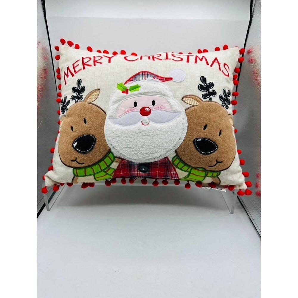 Merry Christmas Pillow Santa Reindeer Pom Pom Decorative Throw Cushion Holiday